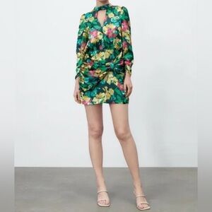 Zara Floral Print Mini satin Dress Long Sleeve Ruched Green Pink colorful sz‎ M